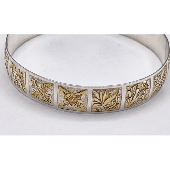 Vintage Sterling Silver & Gold Vermeil Panel Bangle Bracelet 925 Floral Motif - Picture 7 of 7